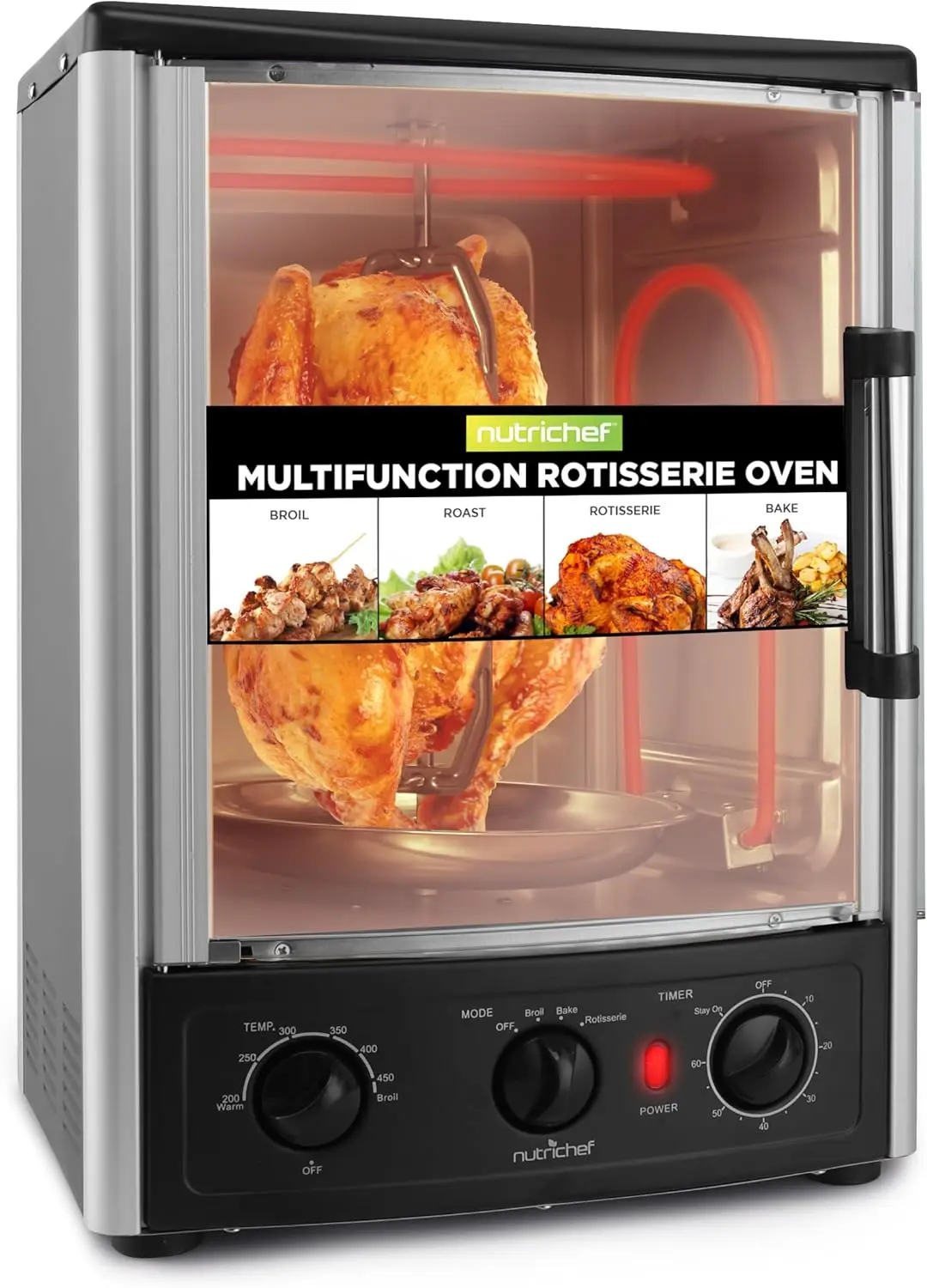 Vertical Glass Door Countertop Convection Oven, 24-Quart, with Rotisserie Roasting and Broiling Functions, Timer and Adjustable