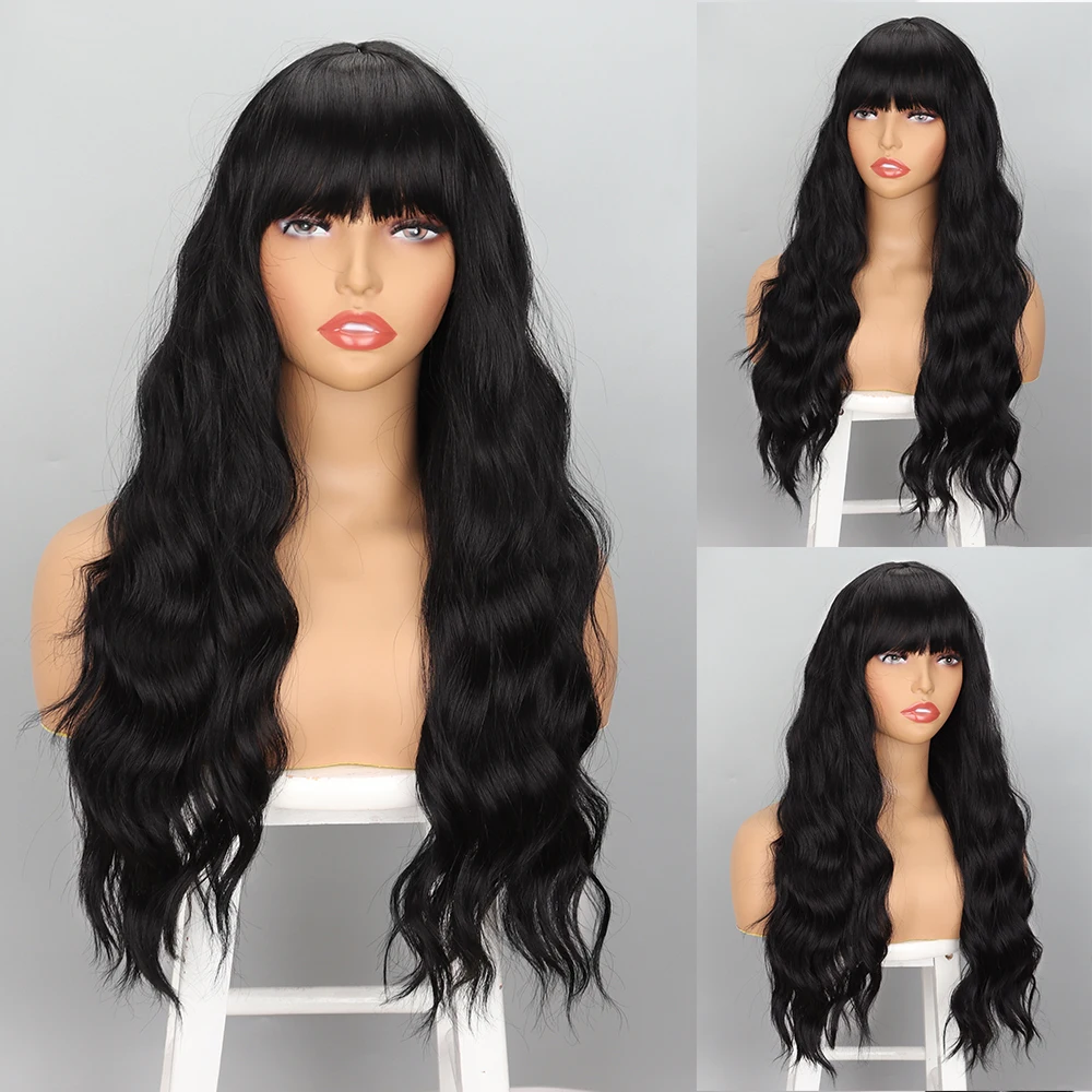 

Black Wig With Bangs Synthetic Hair Long Wavy For Black White Women Heat Resistant Fiber Cosplay Party Wig