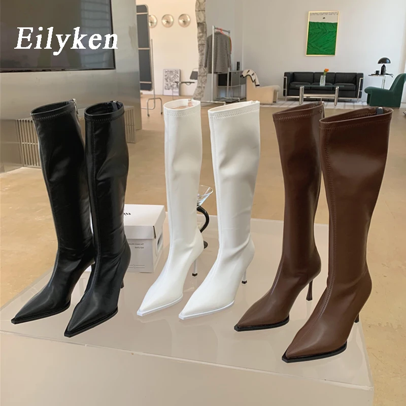 Eilyken Sexy Pointed Toe High Heels Women Knee-High Boots 2024 Spring Autumn Shoes Slim Elastic Fabric Modern Long Botas Mujer