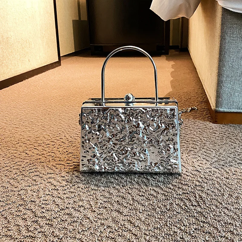 Silver Evening Clutch Bag Women Bag Handbag Square Metallic Coating Clutches Bag Fashion Shoulder Crossbody Bag Luxury Purse