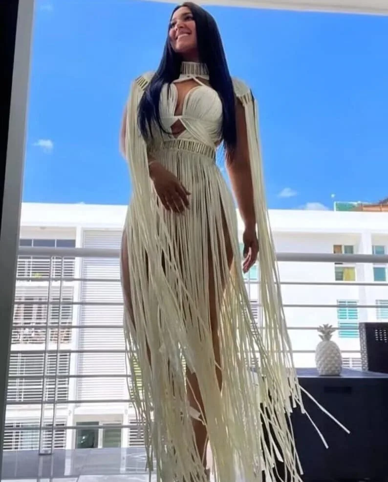 Ontwerp Sexy Kwastje Handgemaakt Griekse Godin Romeinse Dame Jurk Bohemia Roeping Strandfeest Eendelig Vestidos Dameskleding