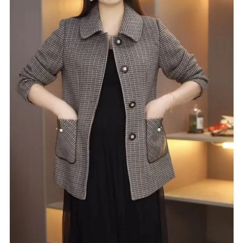 Middle Aged Mother Small Fragrance Style Plaid Coat NEW Spring Autumn Mid-Length Suit Overcoat Women Elegant Blazer Jacket 6XL