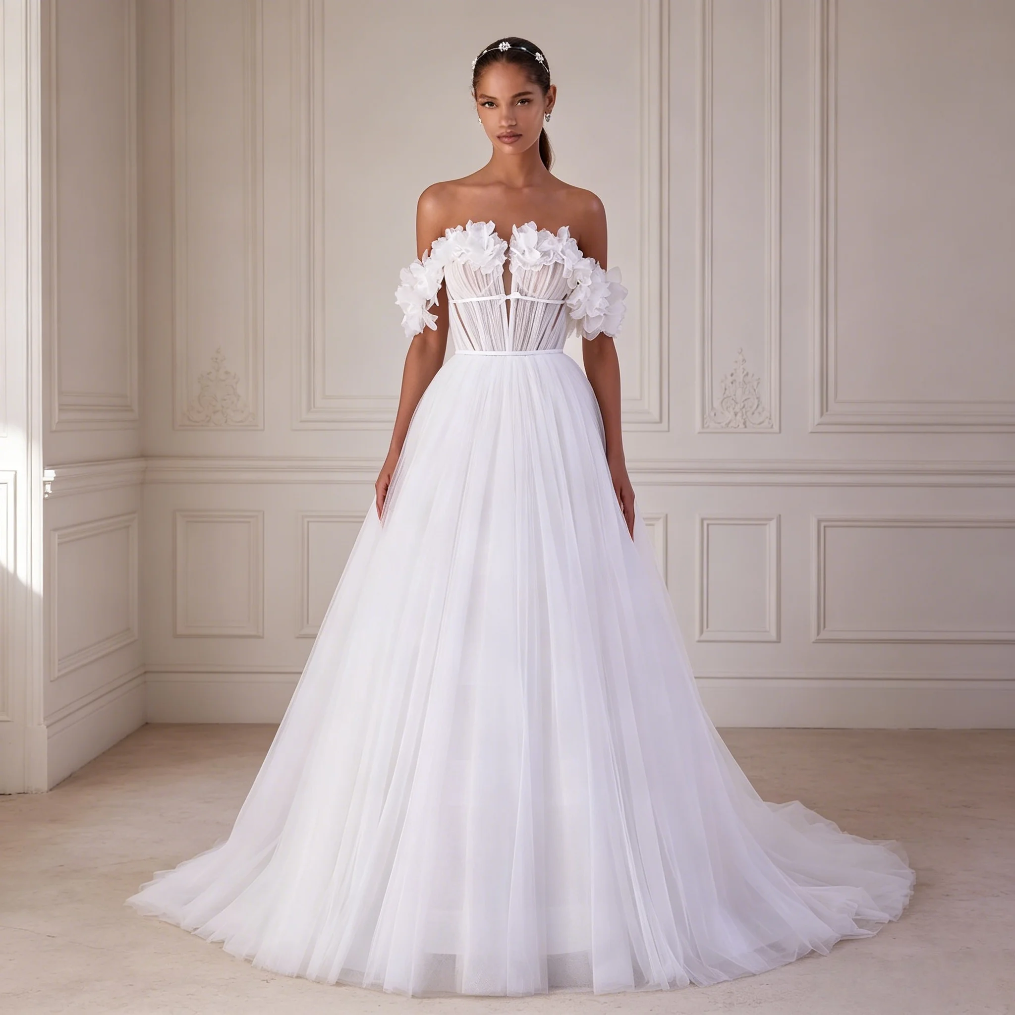 3D Floral Off Shoulder Tulle A Line Wedding Dress Plunge Sweetheart Ruched Corset Chapel Train Fairy Bridal Gown Customizable