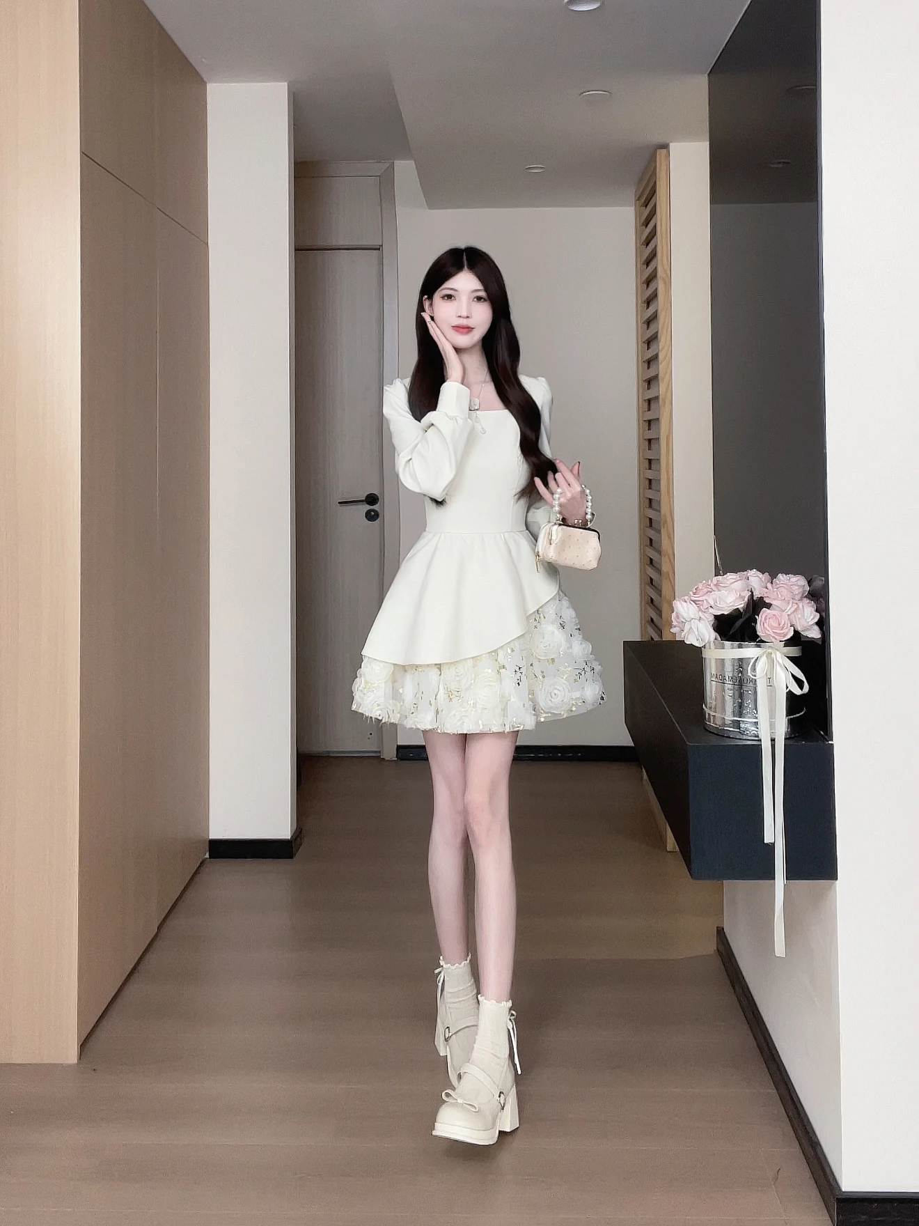 

Princess Style Sweet Lace Dress Women's Elegant High Waist A-Line Skirt Long Sleeve Square Collar Ball Gown for Various Occas...