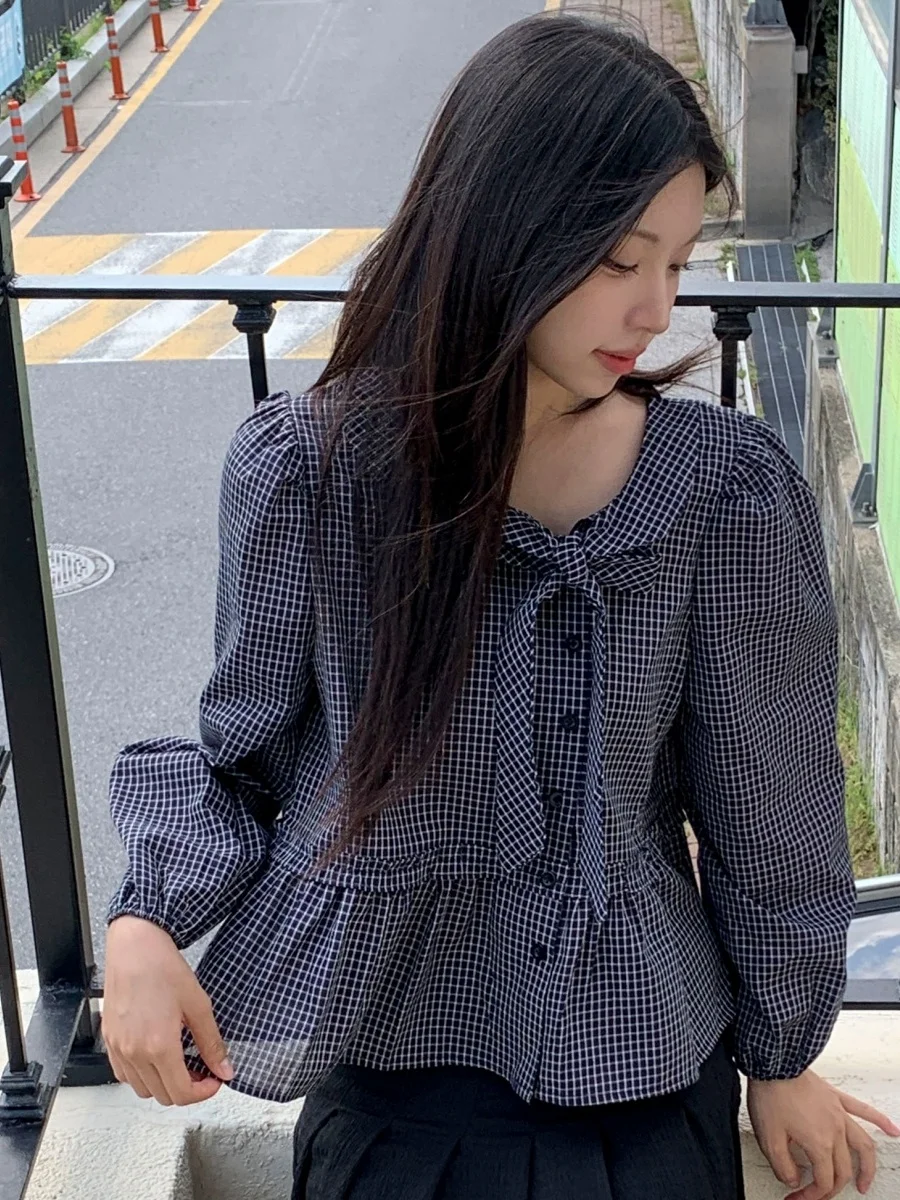 

Корейский Sle Sweet Retro Plaid irt для женщин с галстуком-бабочкой, кукольный воротник Bubble Sve, кружево, антивозрастное полиэфирное волокно