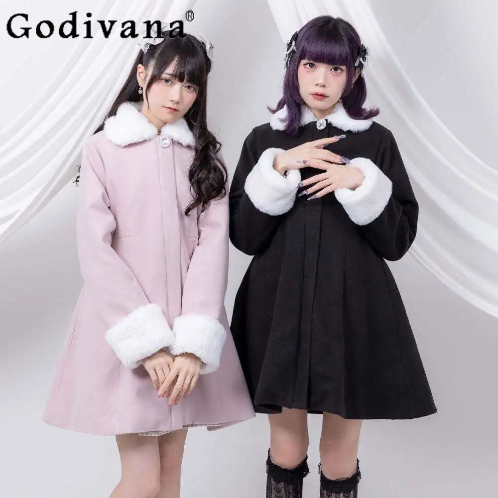 

Winter New Woolen Coat Jackets Japanese Girl Sweet Cute Lace Splicing Bow Fur Collar Long Coat for Women Black Y2k Wool Overcoat