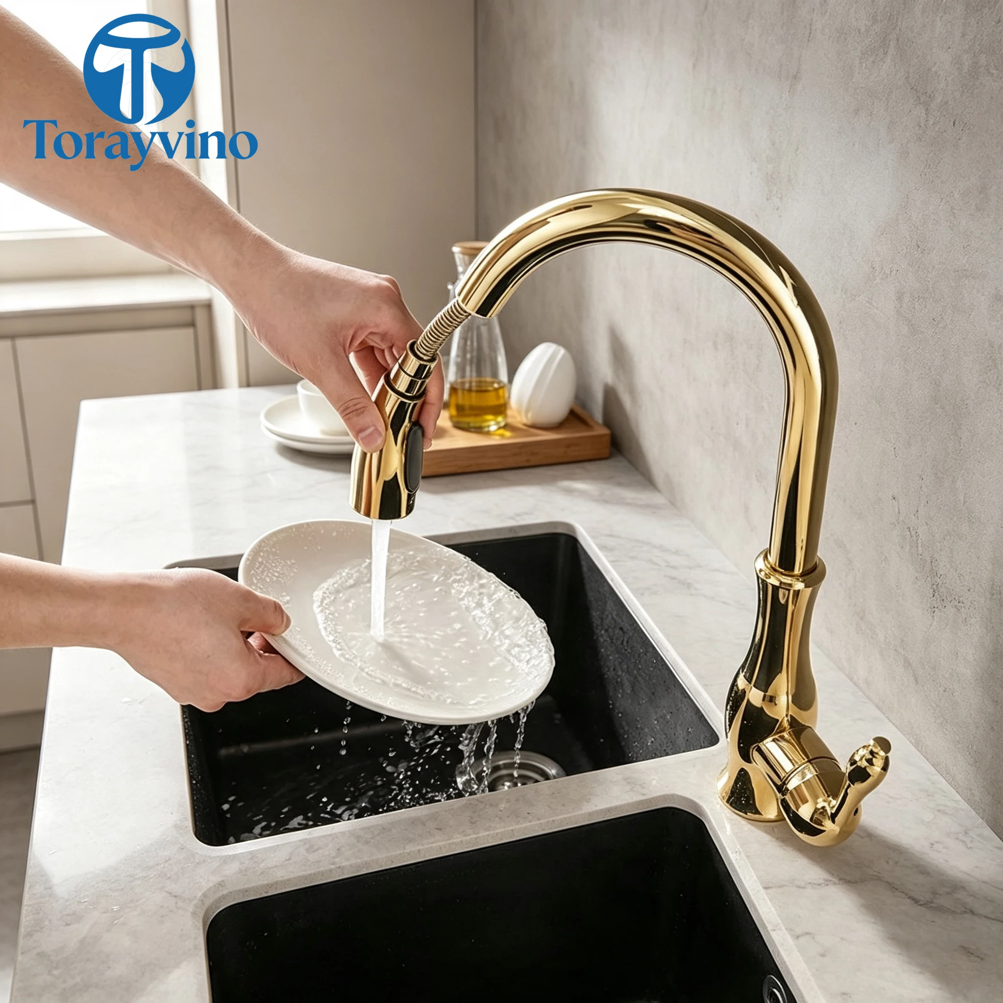 Torayvino Luxury Red Gold Black Kitchen Sink Faucet Black 360 Rotate Pull Out Faucets Hot and Cold Swivel Retractable Mixer Tap