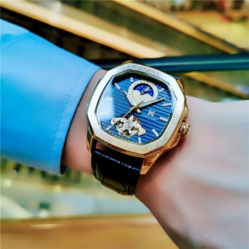 New Square Watch for Men, Fully Automatic Mechanical Watch, Hollow Design, Casual, Versatile, Fashionable, Business-Friendly, Best-Selling Watch for Men, a Top Choice for Gift-Giving, Branded Watches
