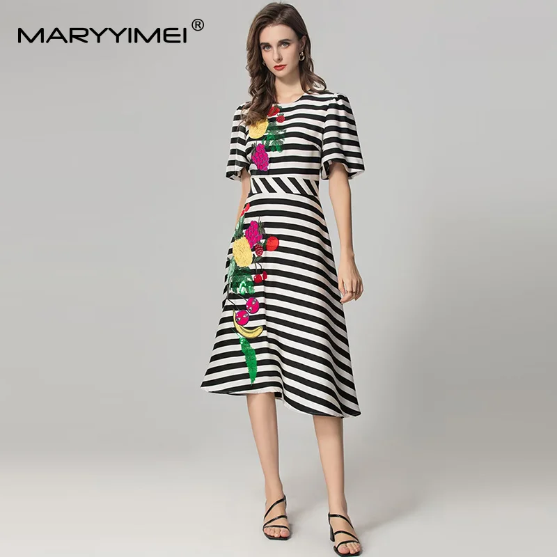 

MARYYIMEI Women's Elegant Party Dress Short-Sleeved Sequins Slim Black and white striped Dresses Spring Summer 2025 New