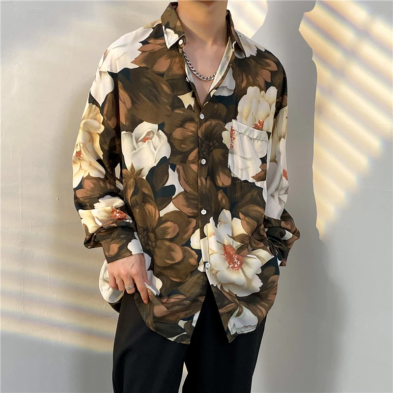 Brown Shirts Men Japanese Streetwear Hip Hop Harajuku Handsome Casual Autumn Camisas Hombre Fashion Print Long Sleeve Stylish