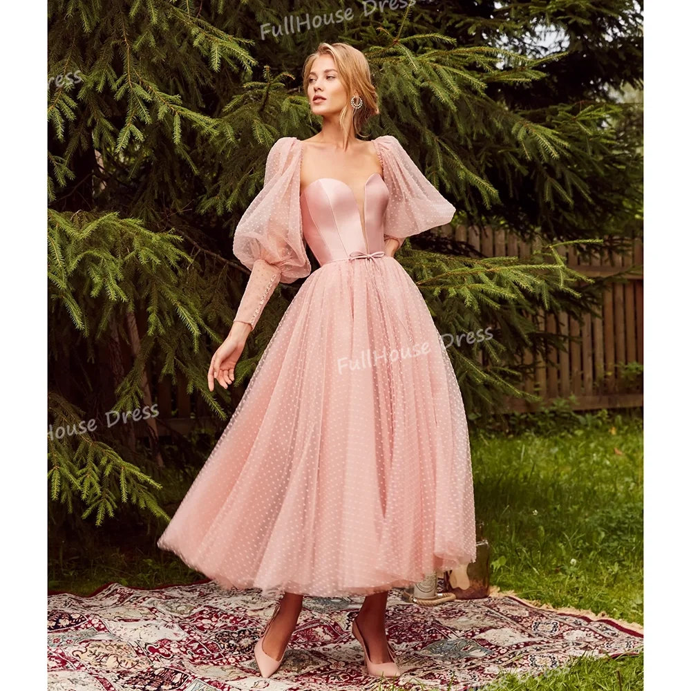 

Custom Made Sweetheart Collar Tulle Soptted A-line Evening Gown Tea-Length Lace up Back Detachable Short Puff Sleeve Prom Dress