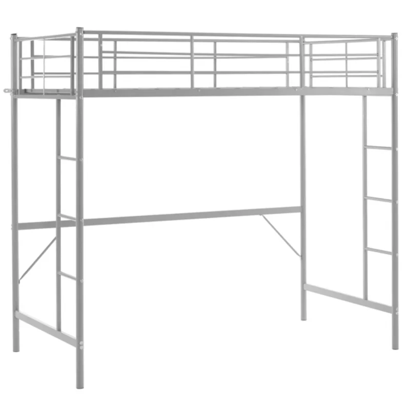 Elevated bunk bed frame for teens with safety rails and 2 built-in ladders, space saving, noiseless, no box spring required