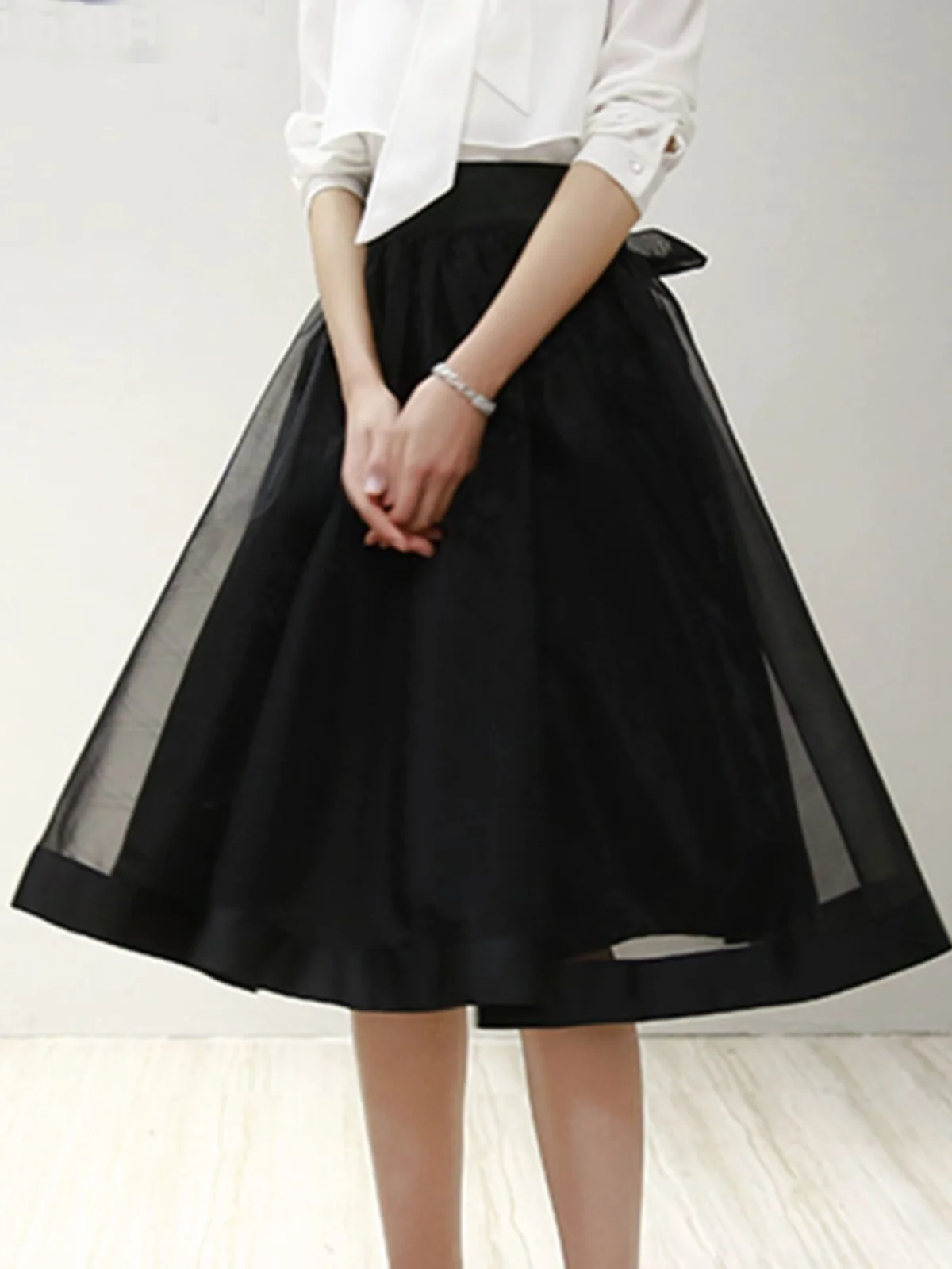 High Waist Euro Organza Puffy Skirt Hepburn Sle Slimming Me Midi Bla Versatile Women's f Body Skirt Commute Korean S...