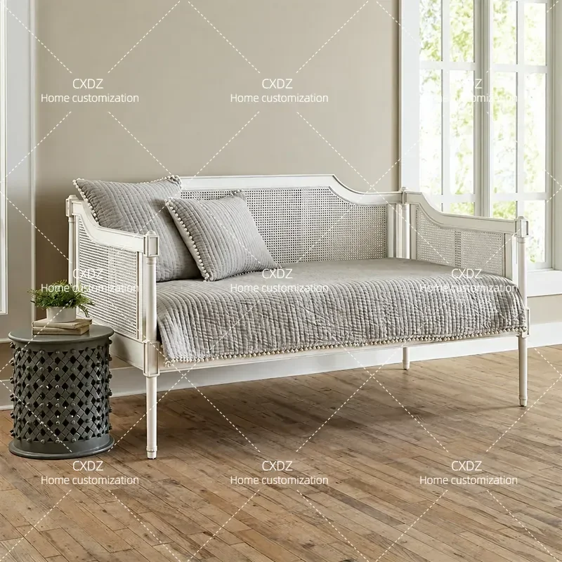 Simple Solid Wood Sofa with White Rattan Straight Row Double Three Seater Rural Pastoral Style Removable and Washable Cover