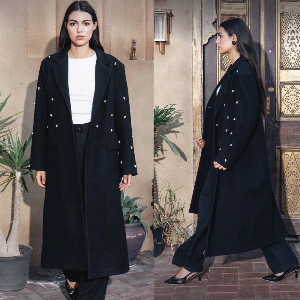Vintage Black Crystal Winter Women Woolen Coat Oversized Formal Outwear Overcoat Customized Warm Thick Pocket Jacket