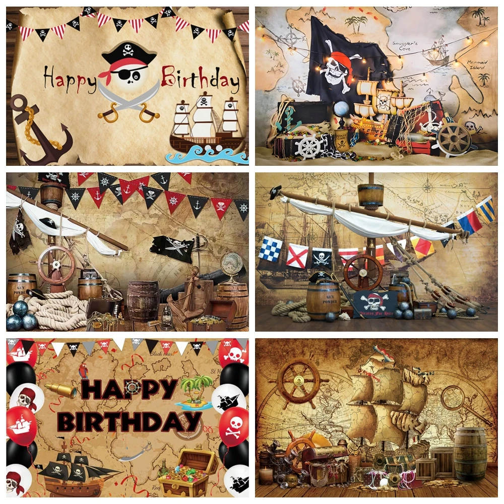 Tema pirata Fotografia Backdrop Vela Tesouro Mapa do Mundo Menino Aniversário Festa Decoração Banner Baby Shower Fundo Photo Studio