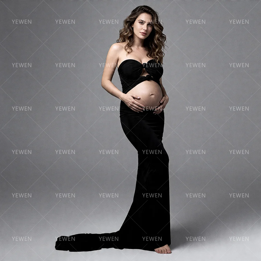 Maternity Dress Photoshoot Black Strapless Two-Piece Maternity Dresses with Knotted Cutout Top Baby Shower Dress Woman YW64222D