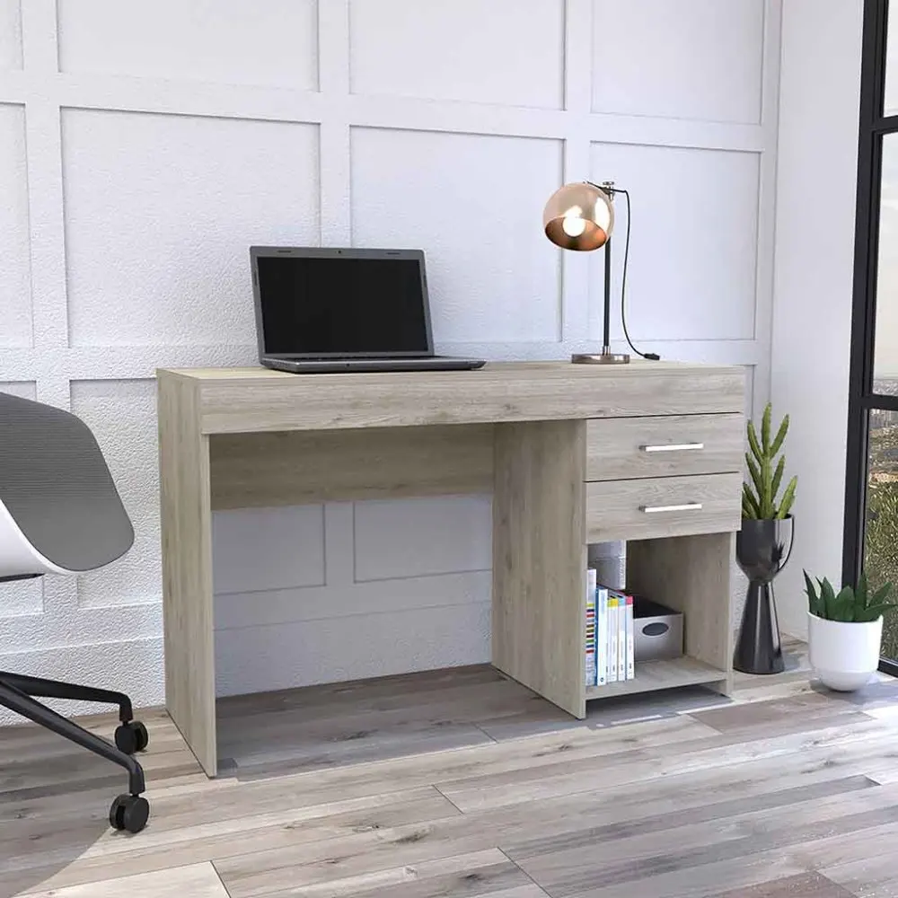 Computer Desk Two Drawers One Lower Shelf Light Gray