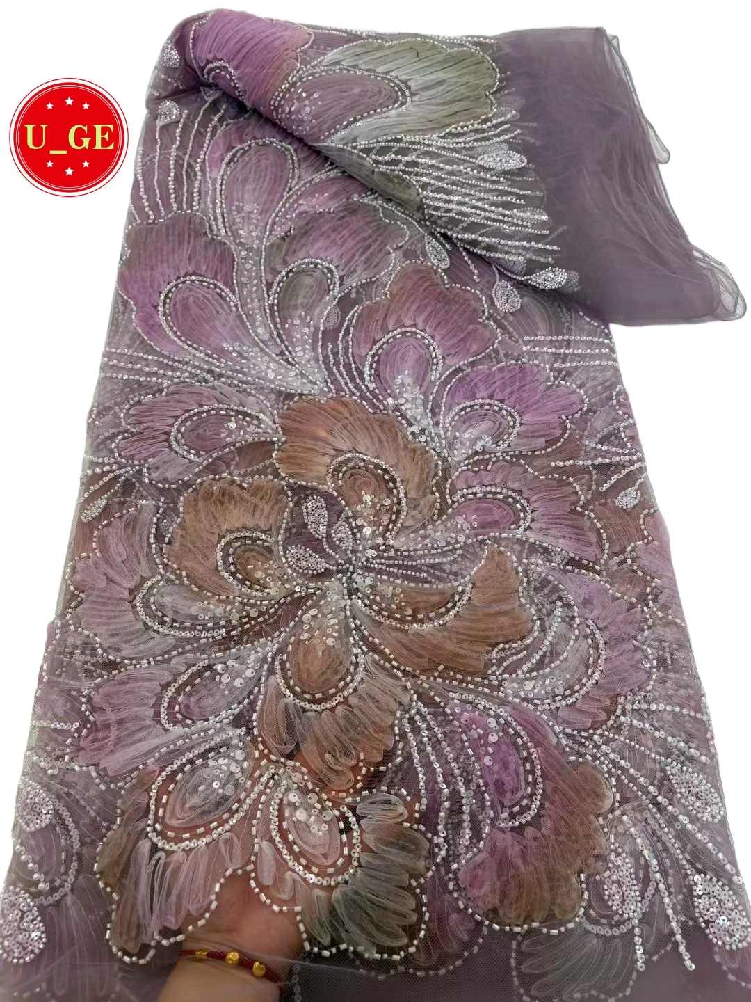 

2026Latest Elegant Best Quality Austria Luxurious Soft mesh Lace With Lots Beads fabric For Wedding Evening Dress U_Ge1398