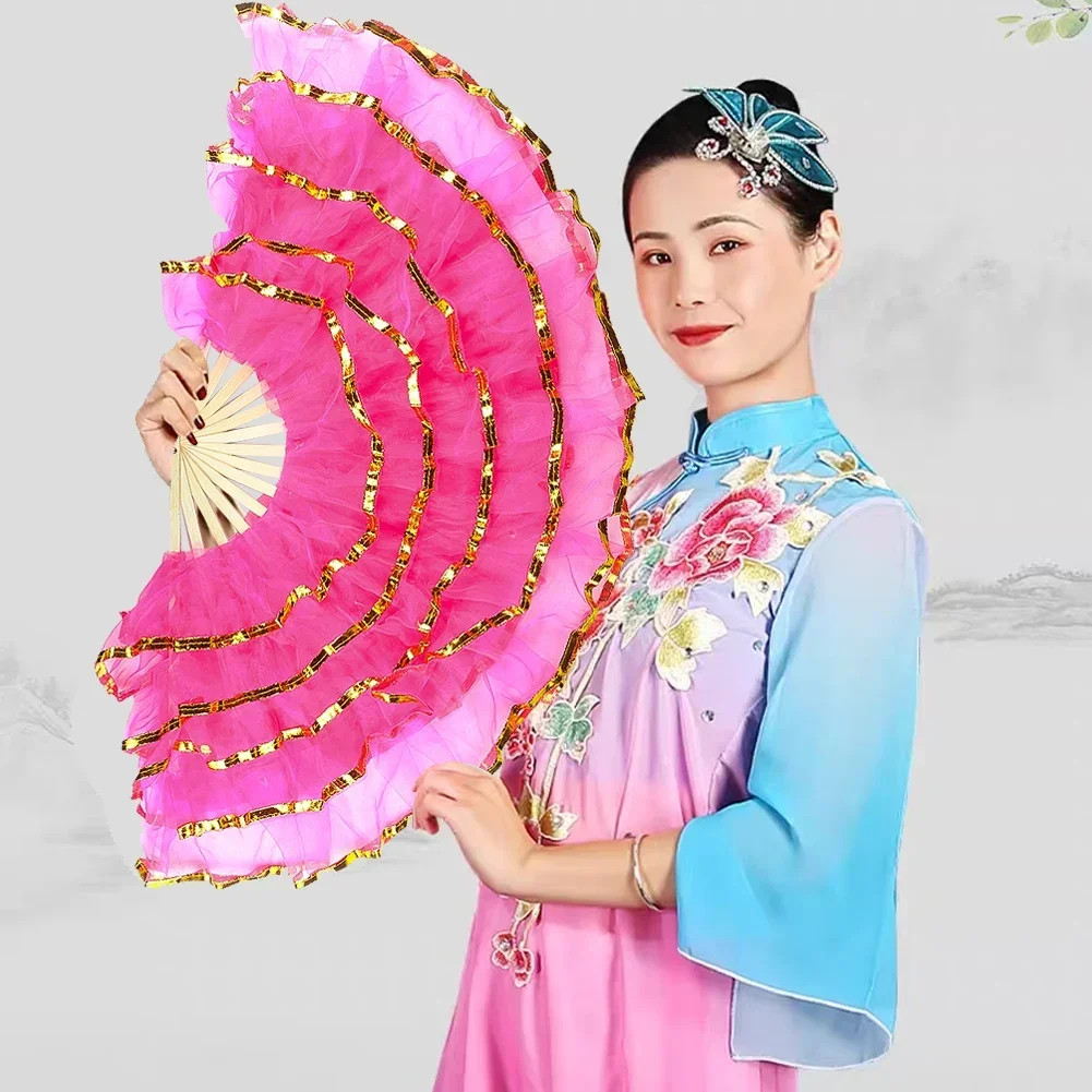 Flat Five-layer Handmade Yarn Fan Bamboo Bone Yangko Dance Performance Props Home Wall Background Decoration Folding Fan Gifts