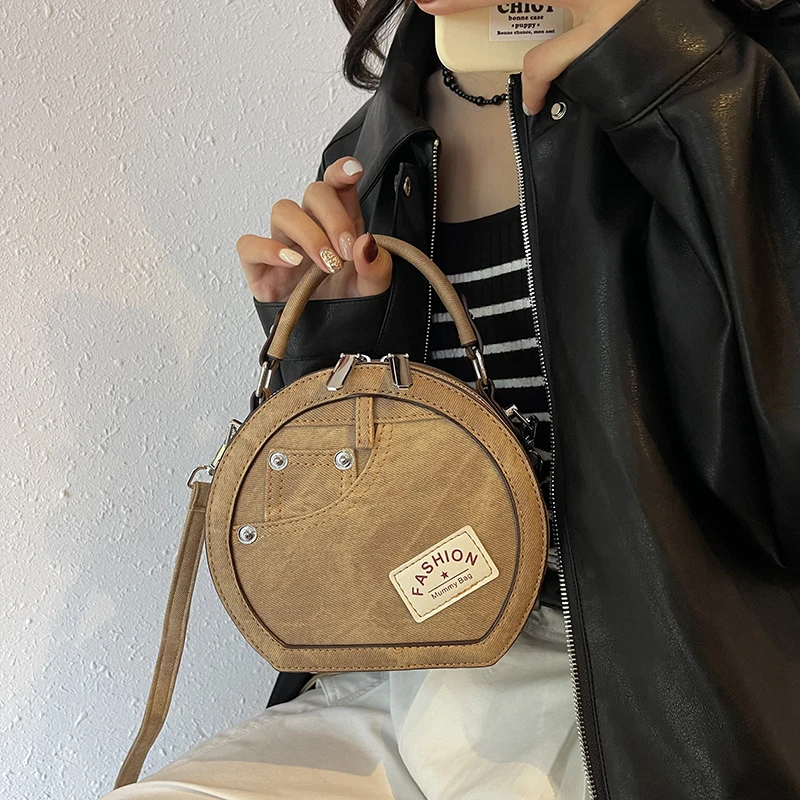 Runde Handtasche Retro Shoudler Taschen für Frauen 2024 Mini kleine Umhängetasche klassische Pu Griff Geldbörse Bolasas runde Einkaufstasche – Detail 3