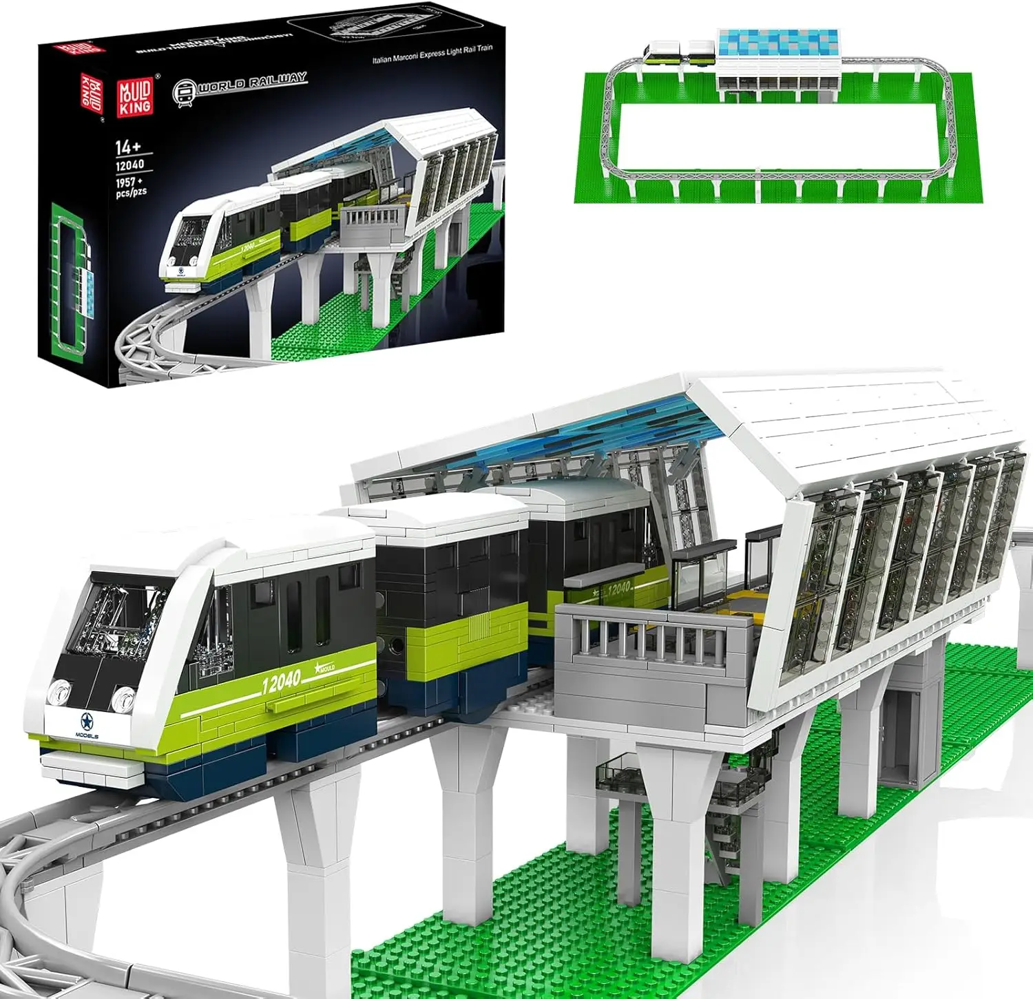 Mold King 12040 1957+ PCS Express Train Building Set, APP/Afstandsbediening Locomotief met baan voor volwassenen en tieners, cadeau-idee