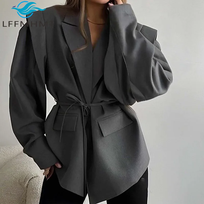 

Spring Fall Women Pure Color Simple Basic Suit Jacket Office Lady High End Elegant Notched Neck Long Sleeve White Coat for Work