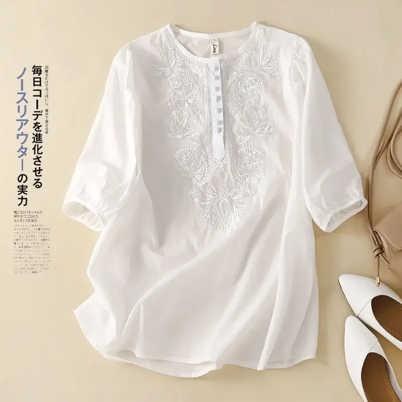 Summer Loose Appear Thin Round Neck Middle Sleeve T-shirt Lady Solid Color Embroidered Cotton and Linen Elastic Opening Tops