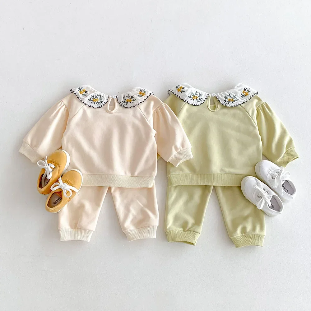 2024 Autumn Baby\'s Clothing Set 0-4Y Girls Embroider Doll Collar Infant Suit Fashion Cotton Kid\'s Pullover Tees and Pants 2Pcs