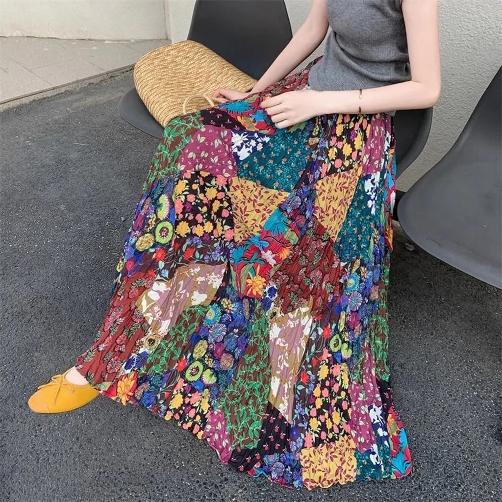 olorful Bohemian Print Maxi Skirt Summer 2025 Women High Waist Flowy A-Line Vacation Skirt
