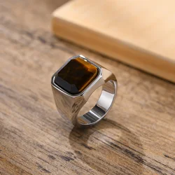 Men Tiger's Eye Signet Rings,Waterproof Stainless Steel Wedding Bands Gift