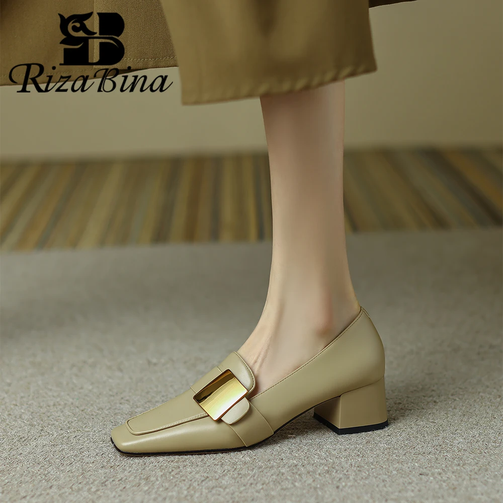 

RIZABINA Spring New Woman Shoes With Low Heel Real Leather Pumps Fashion Square Toe Comfort Chunky Heel Office Shoes Handmade