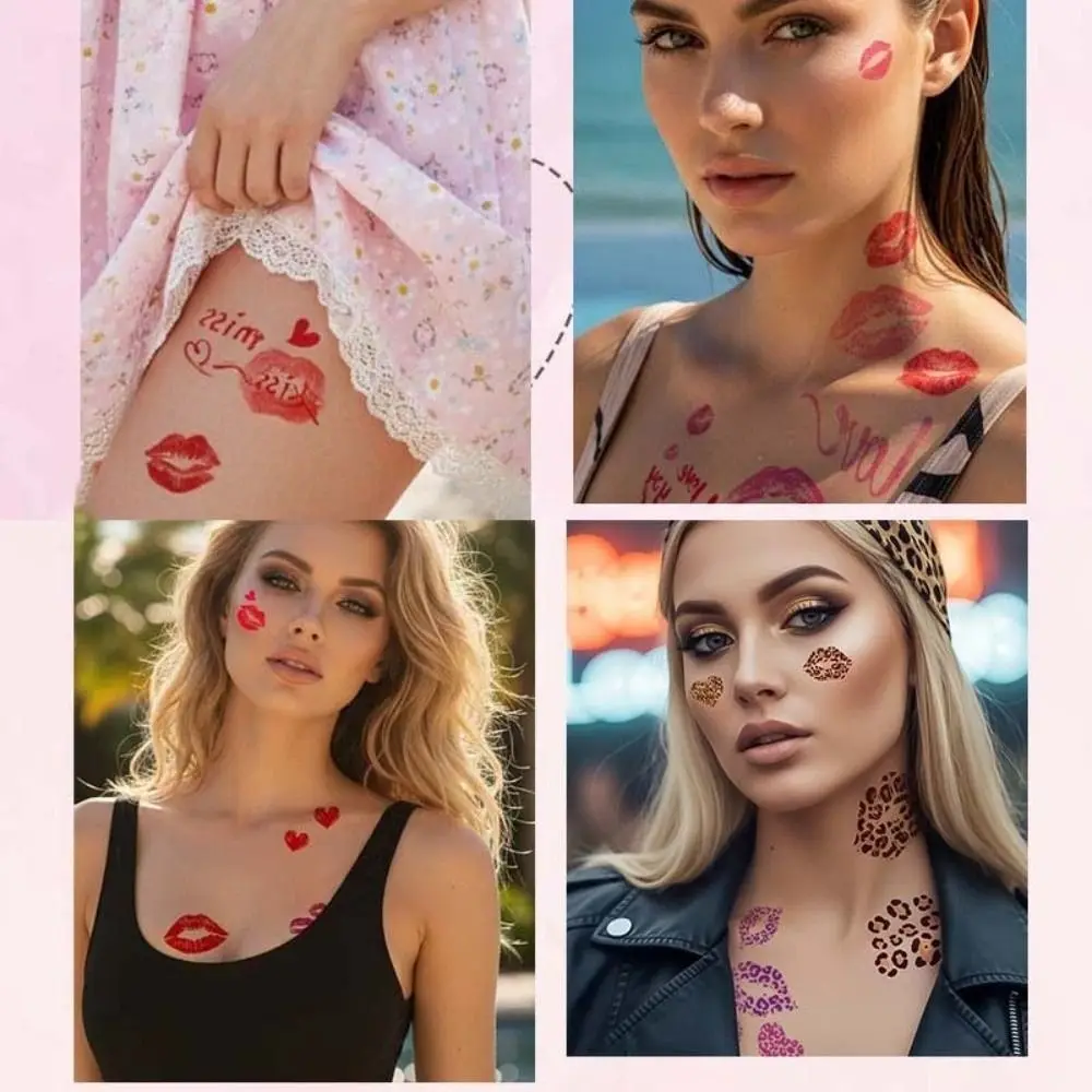 Waterproof Valentine Day Kiss Lip Stickers Disposable Pink Bow Cherry Lips Face Temporary Tattoos Funny Leopard Print