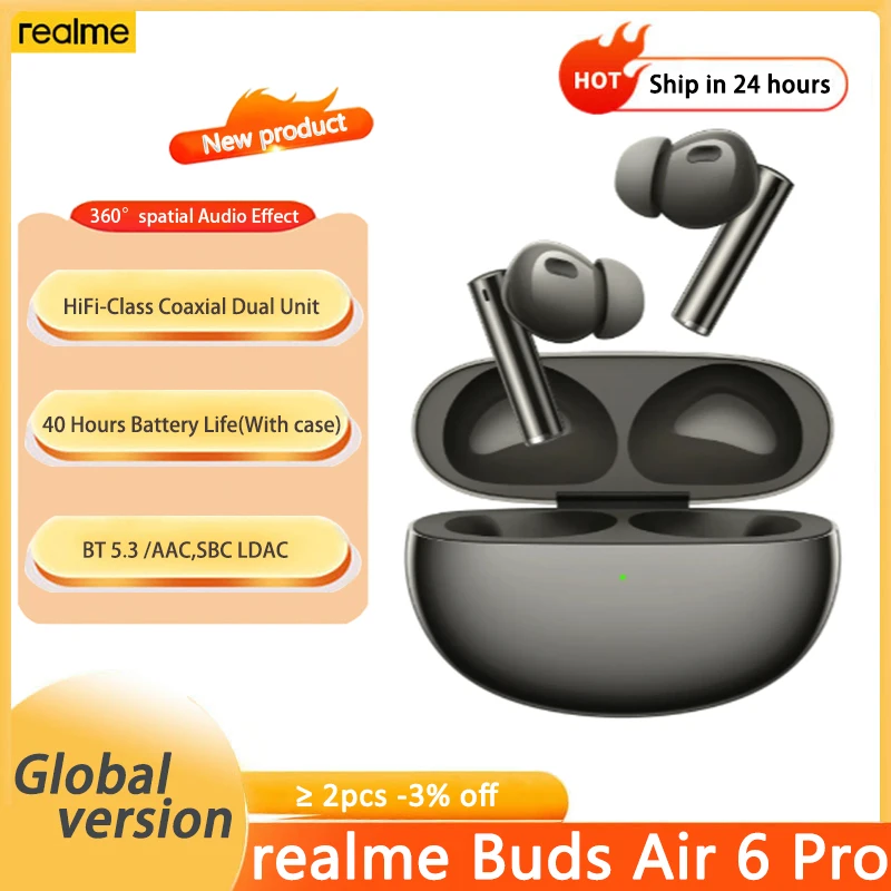 الإصدار العالمي من سماعات Realme Buds Air 6 Pro اللاسلكية 50dB مع خاصية إلغاء الضوضاء النشطة 2.0 40H عمر البطارية بلوتوث 5.3 سماعة الرأس