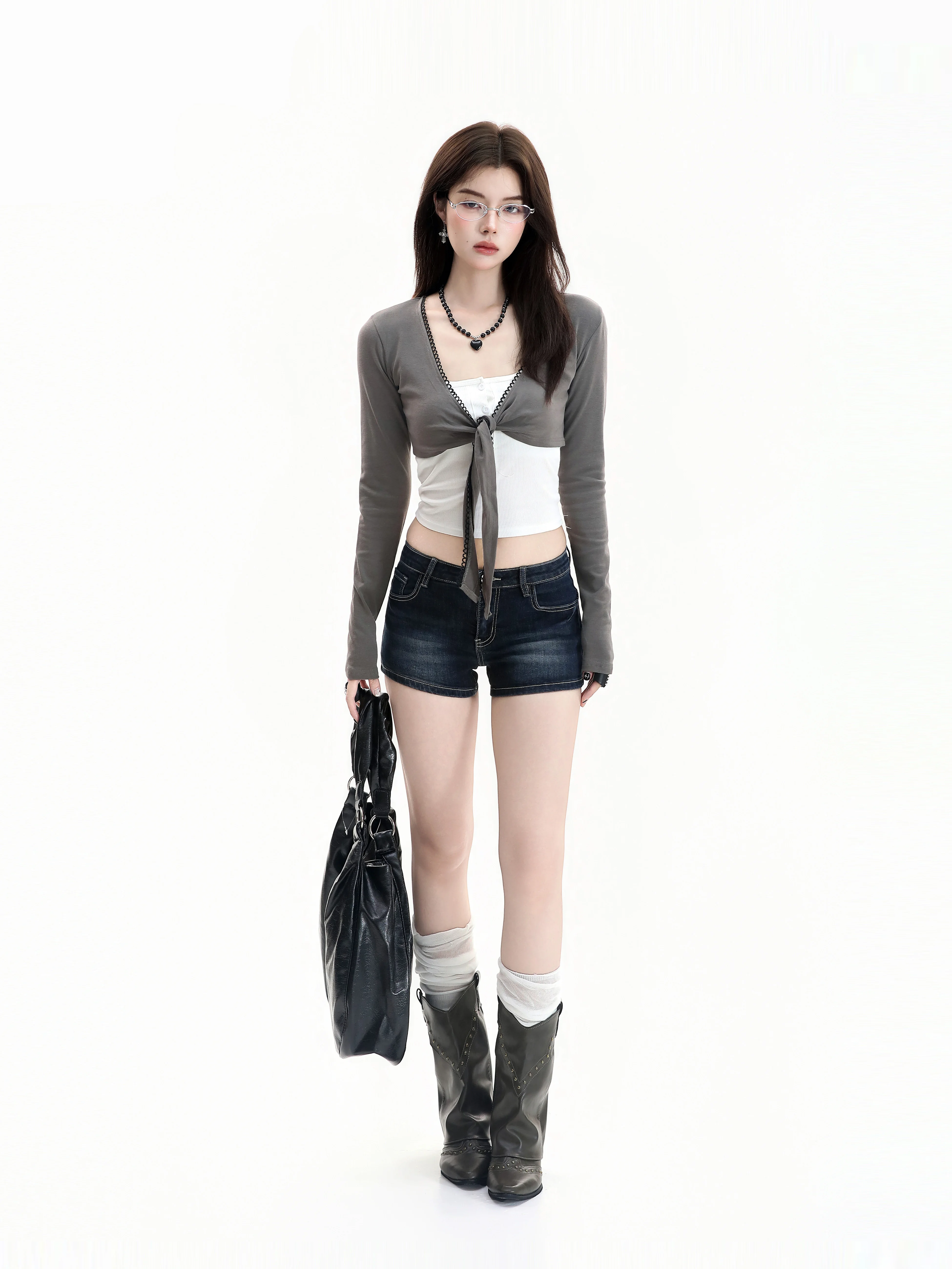 Korean Style Pure Desire Slim Fit Shoulder T-Shirt with Shawl Collar Design Sense Layered Wear Realistic Fiber Long Sleeve Top