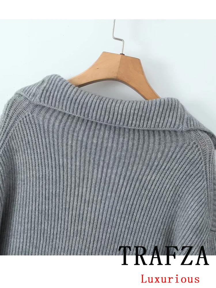 TRAFZA Vintage Casual Chic Solid Women Knitted Suit Long Sleeve V Neck Sweater Loose Straight Pants Fashion 2024 Suits