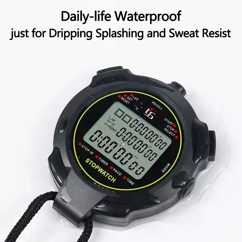 Digital Sports Stopwatch 10Lap /Split Memory Stopwatch Count Down Timer Large Display Waterproof 12/24 Hour Clock