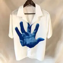 2023 Blue Hand Print Pattern Shirt Short Sleeve Casual Men Shirt Streetwear Summer Camisa Masculina Color Contrast Black Shirt