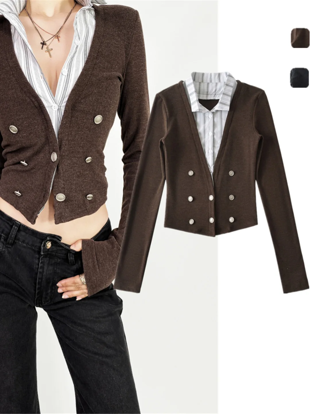 

Office Lady High nce Knitted V-ne Top Splice Design Slim Fit Street Sle Women's Faion Autumn 2025