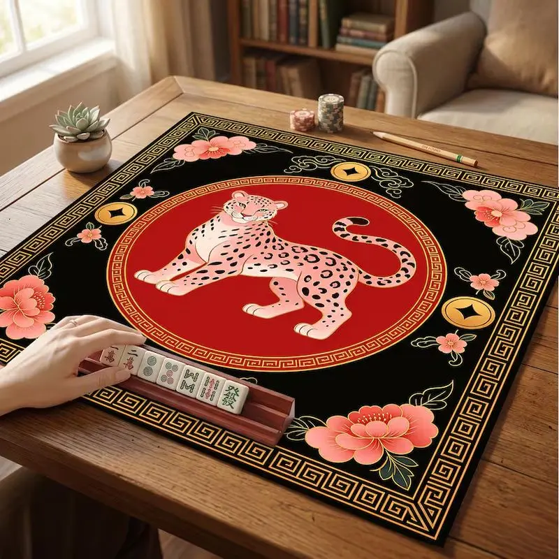 VIKAMA Chinese Lucky Leopard Peony Rubber Mahjong Mat Non Slip Foldable American Mahjong Poker Domino Home Decor