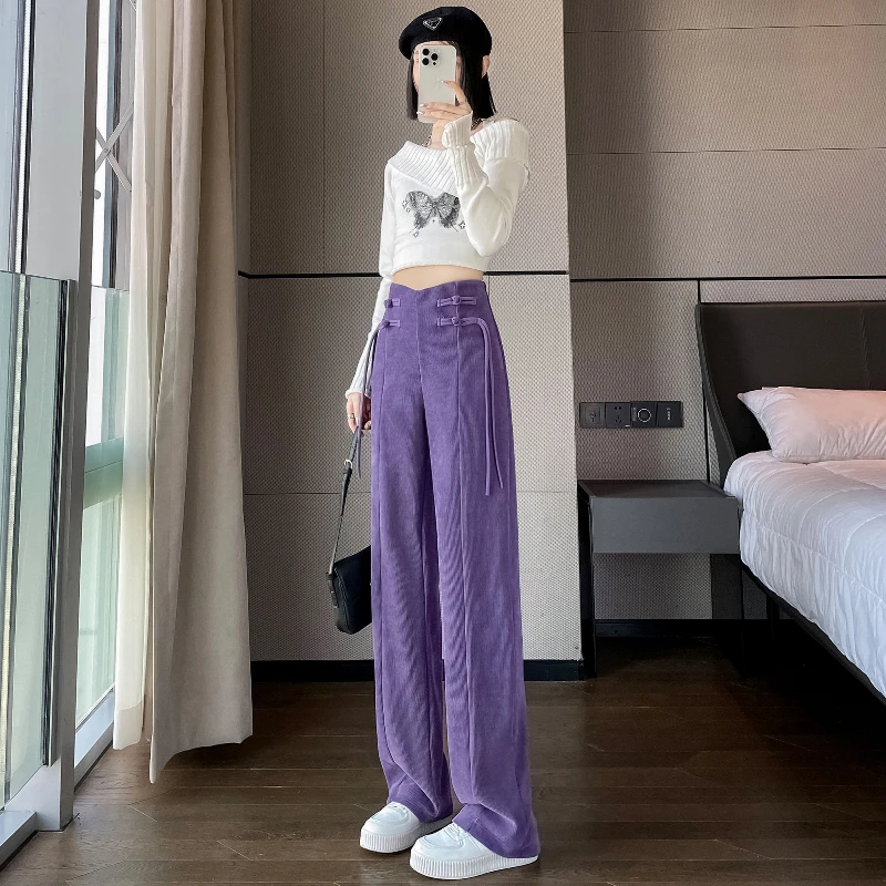 Autumn Winter New Fashion Elastic Waist Solid Lacing Corduroy Women's Clothing Korean Wide Leg Trousers Loose All-match Pants