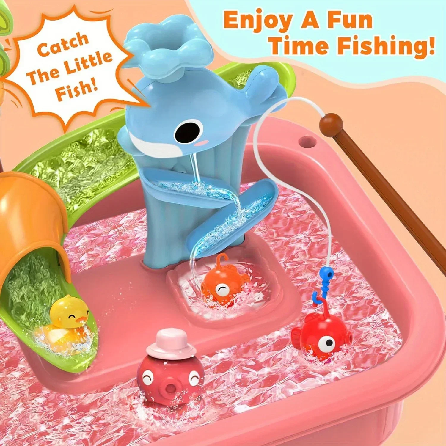 Lavello da gioco per bambini con acqua corrente e rubinetto elettrico, tavolo ad acqua con pompa, stoviglie e giochi di pesca, set da cucina giocattolo per bambini
