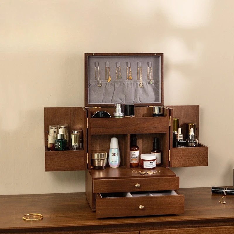 木製化粧品収納ボックス、防塵、大容量のデスクトップスキンケア製品、ジュエリー一体型