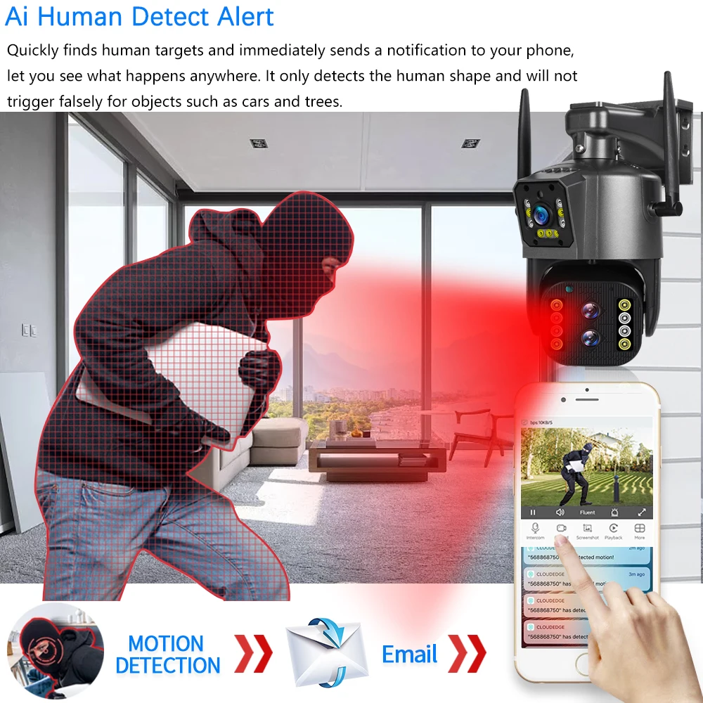 6K Three Lens WIFI Outdoor PTZ Security Auto Tracking Protection 10X Zoom 4K CCTV Video Surveillance Dual Screen IP 12MP Camera