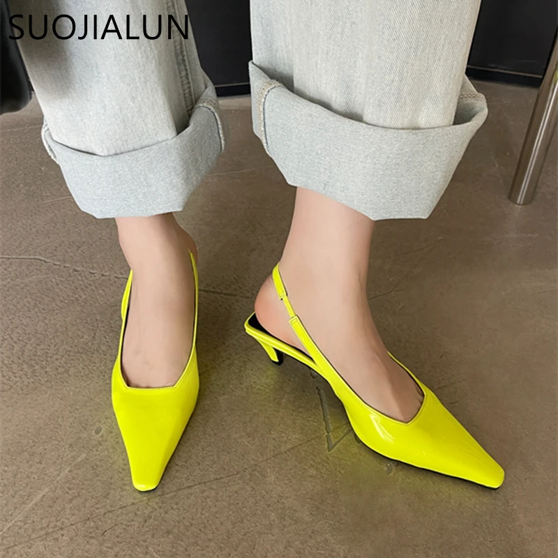 SUOJIALUN 2024 Spring New Women Sandal Shoes Fashion Candy Color Ladies Elegant Slingback Sandals Med Heel Dress Pumps Shoes