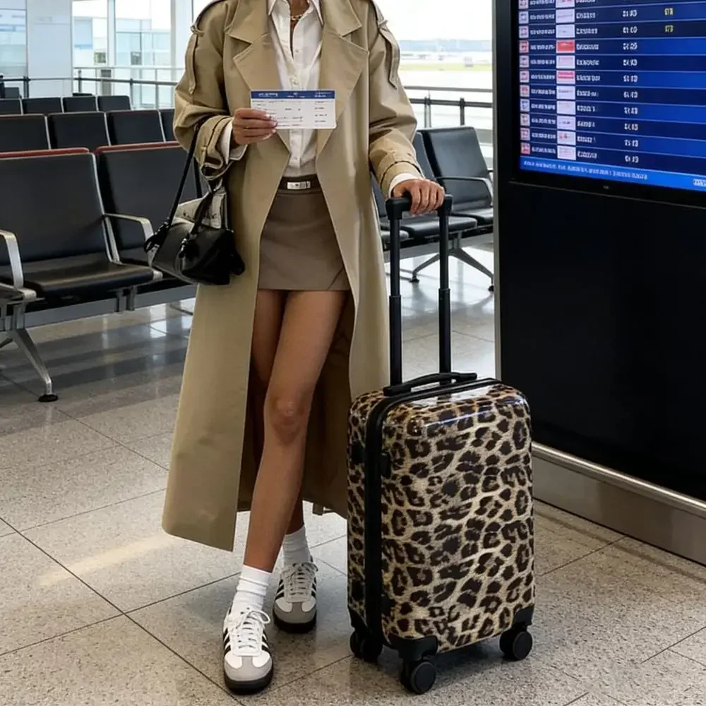 4-Piece Hard-Shell Luggage Set with Dual Rotating Wheels - 14in, 20in, 24in, 28in Leopard Print