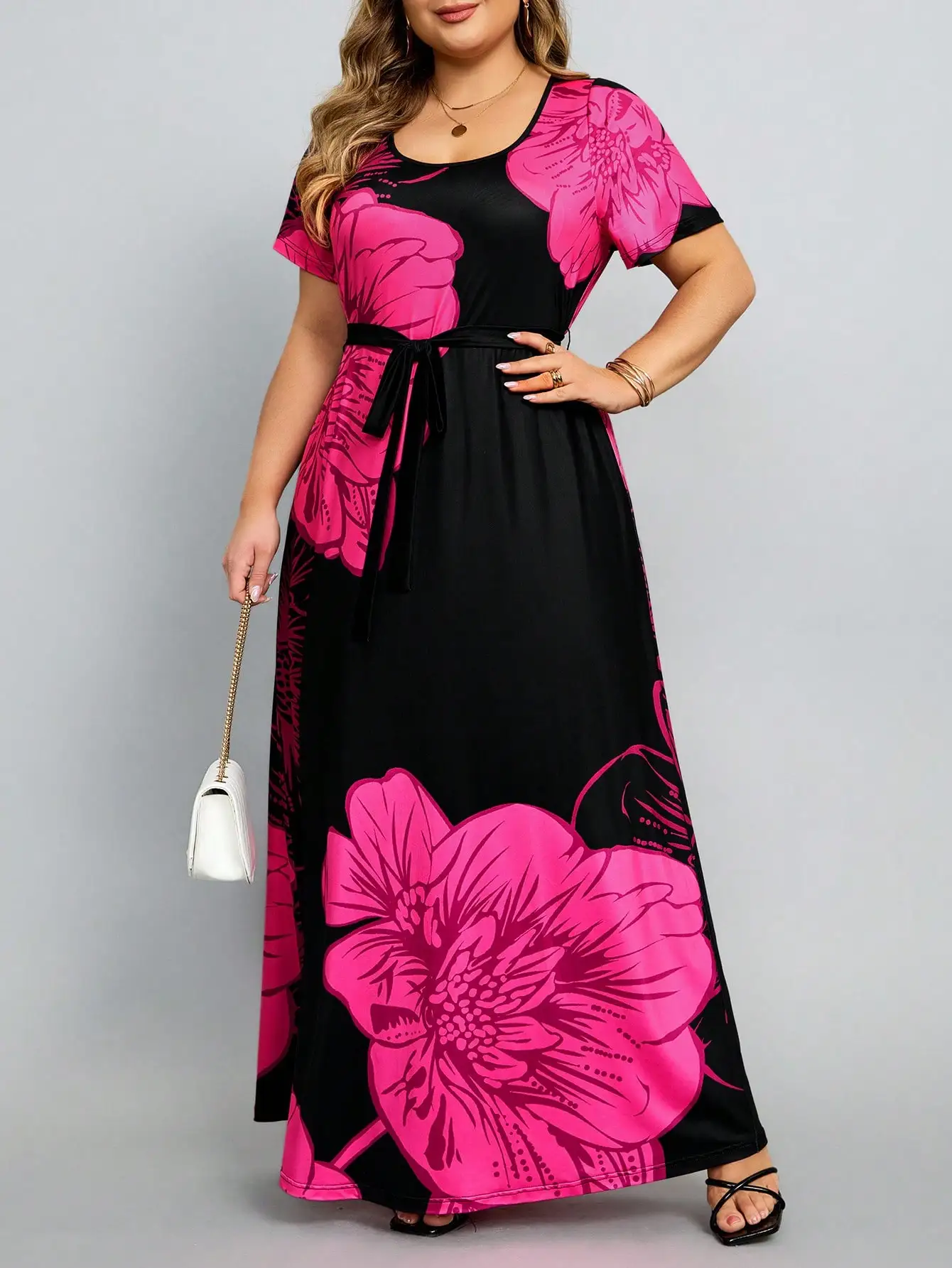 Vestido estampado casual de cintura alta feminino, solto, flores digitais, verão