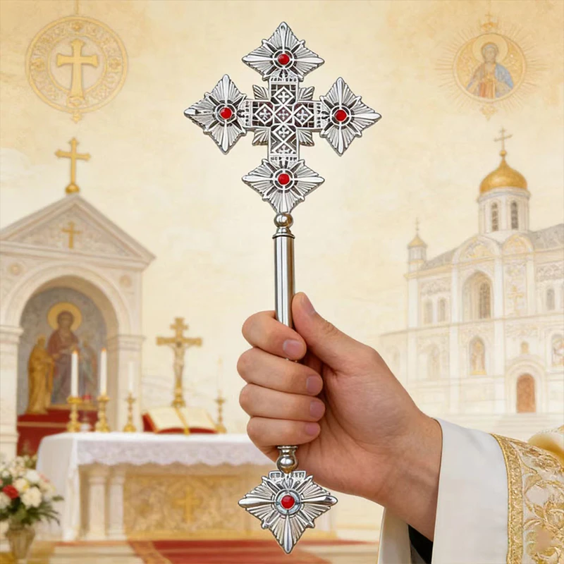 Neues traditionelles vergoldetes orthodoxes Standkreuz mit roten Emaille-Details für die Präsentation am Kirchenaltar und liturgische Feierlichkeiten – Detail 8