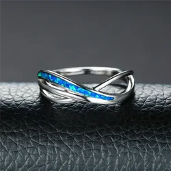 Fashion Women Rings 2025 Anniversary Girl Gift Cute Blue Imitation Opal Hollow Crossing line Rings for Women Jewelry Accessories