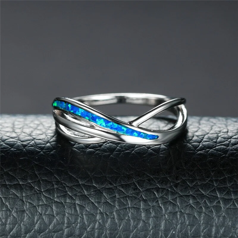 Fashion Women Rings 2025 Anniversary Girl Gift Cute Blue Imitation Opal Hollow Crossing line Rings for Women Jewelry Accessories